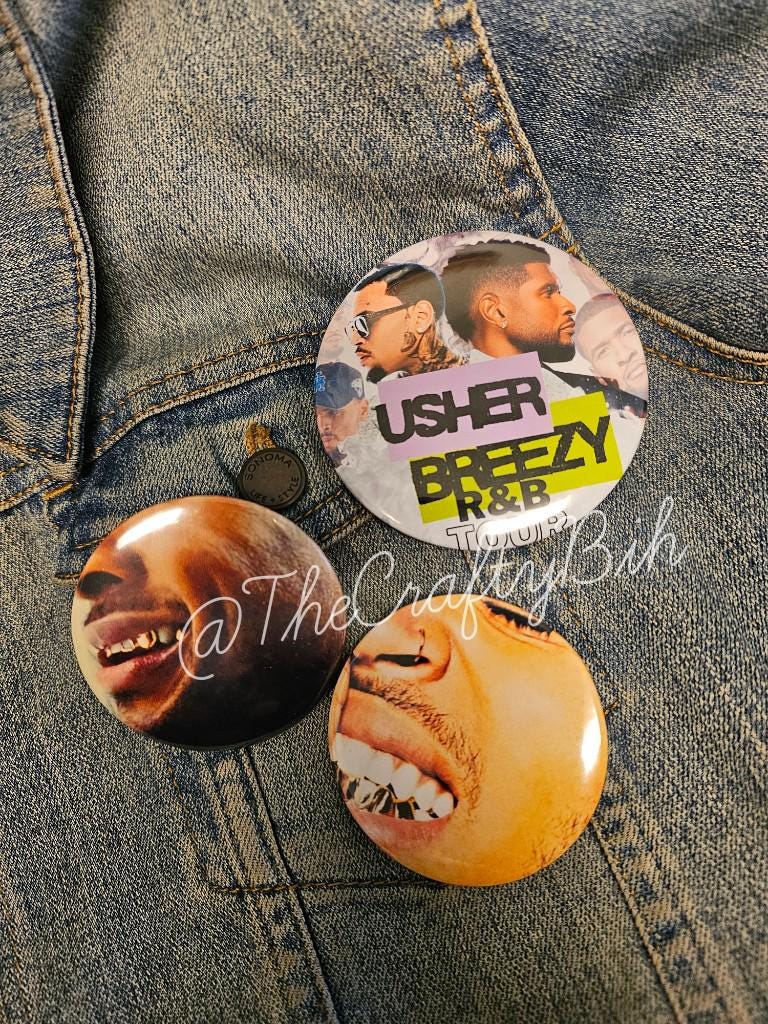 RnB Tour 3-Piece R&B Concert-Inspired Button Set | Music Fan Pinback Buttons | Retro Photo Collage Style Accessories Chris Brown Usher