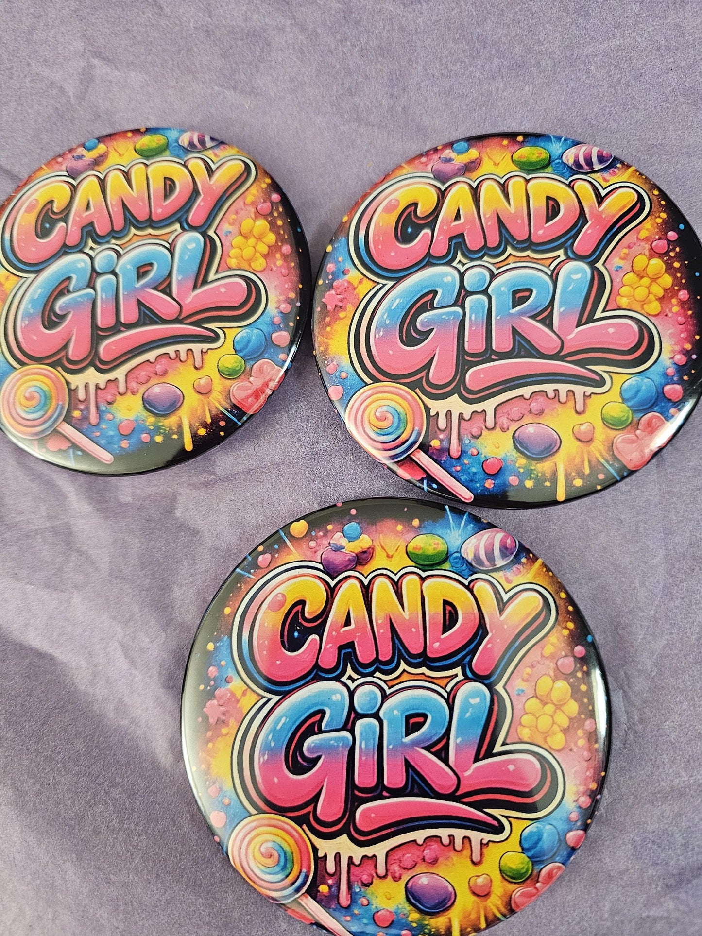 Candy Girl Button – 3 Inch Retro 80s Graffiti Pinback | R&B Concert Accessory | New Edition Inspired | Colorful Candy Pop Art Badge