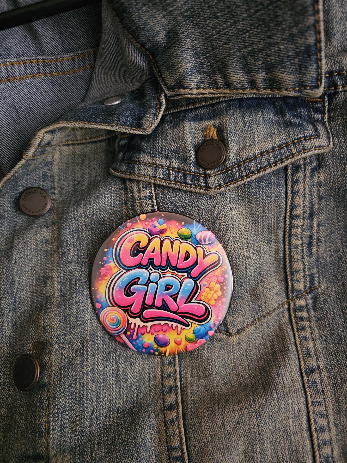 Candy Girl Button – 3 Inch Retro 80s Graffiti Pinback | R&B Concert Accessory | New Edition Inspired | Colorful Candy Pop Art Badge