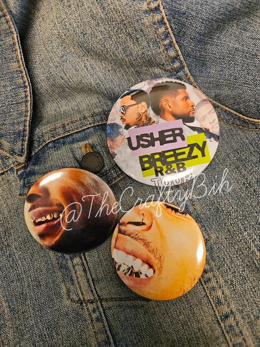 RnB Tour 3-Piece R&B Concert-Inspired Button Set | Music Fan Pinback Buttons | Retro Photo Collage Style Accessories Chris Brown Usher