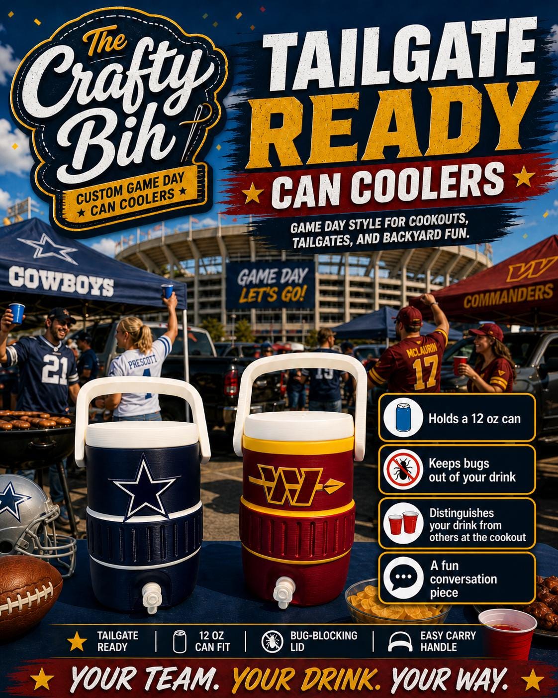 3D Printed 12 oz CAN HOLDER, Football Inspired Soda Can Holder, Tailgate Party Drink Holder, Sports Fan Gift (not a drinking cup) Novelty